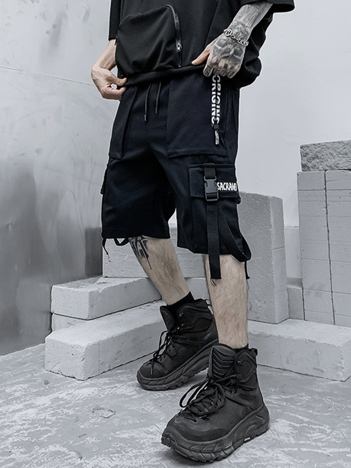 Letter Schoolbag Buckle Cargo Shorts Streetwear Brand Techwear Combat Tactical YUGEN THEORY