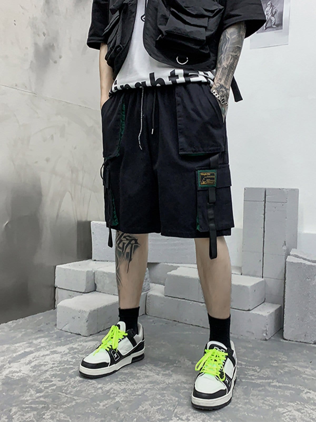 Patchwork Ribbon Cargo Shorts Streetwear Brand Techwear Combat Tactical YUGEN THEORY