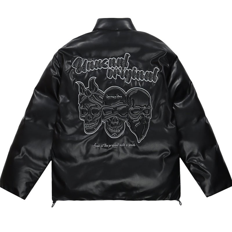 PU Leather Winter Coat Embroidery Skull Streetwear Brand Techwear Combat Tactical YUGEN THEORY