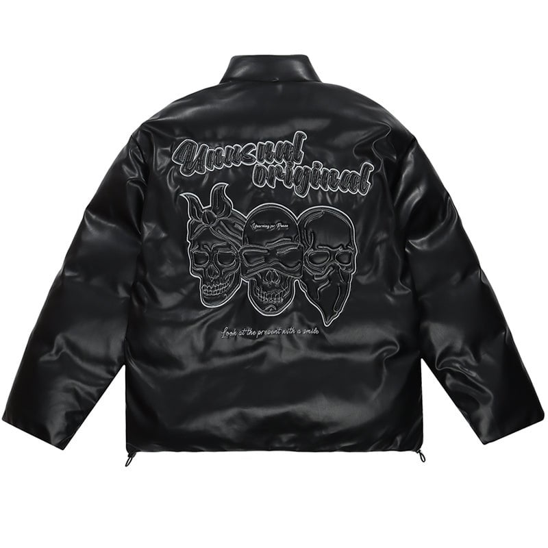 PU Leather Winter Coat Embroidery Skull Streetwear Brand Techwear Combat Tactical YUGEN THEORY