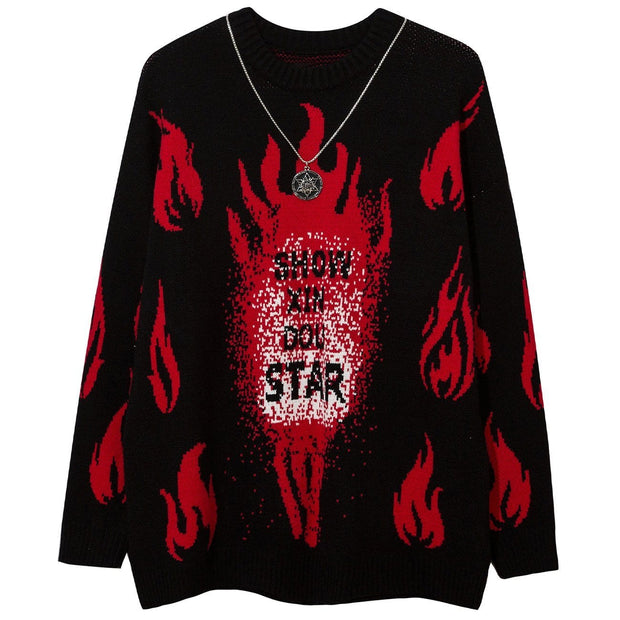 Red Fire Flame with Chain Knitted Sweater Streetwear Brand Techwear Combat Tactical YUGEN THEORY