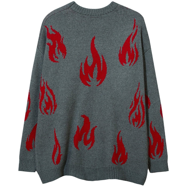 Red Fire Flame with Chain Knitted Sweater Streetwear Brand Techwear Combat Tactical YUGEN THEORY