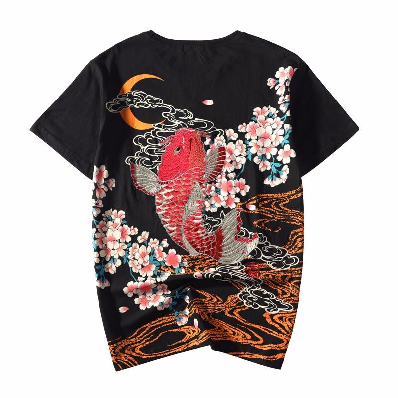 Red Koi Embroidery T-Shirt Streetwear Brand Techwear Combat Tactical YUGEN THEORY
