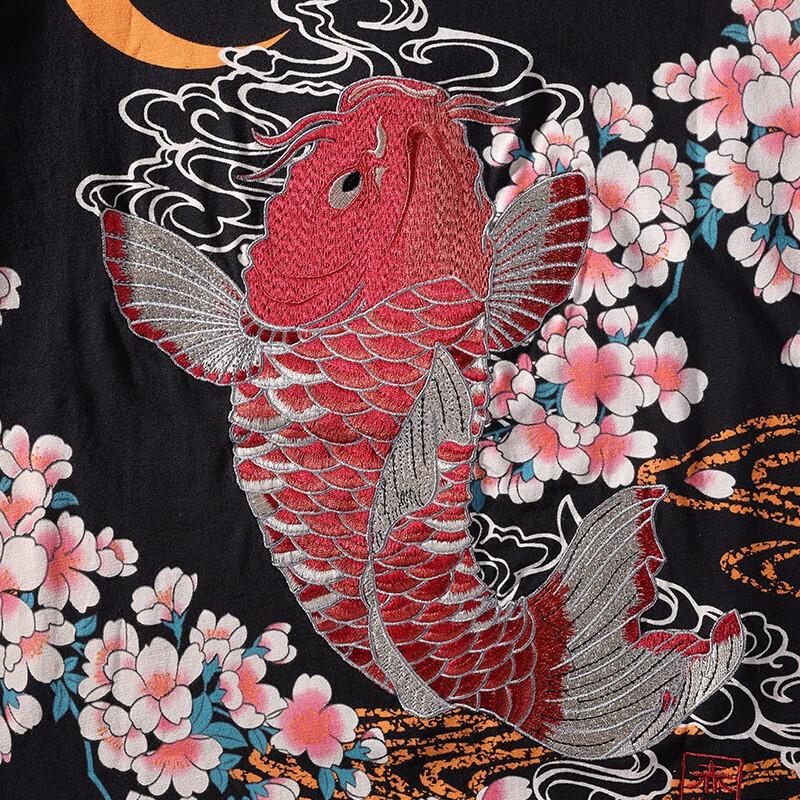 Red Koi Embroidery T-Shirt Streetwear Brand Techwear Combat Tactical YUGEN THEORY