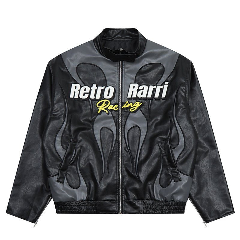 Retro Racing Leather Jacket Hellfire Streetwear Brand Techwear Combat Tactical YUGEN THEORY