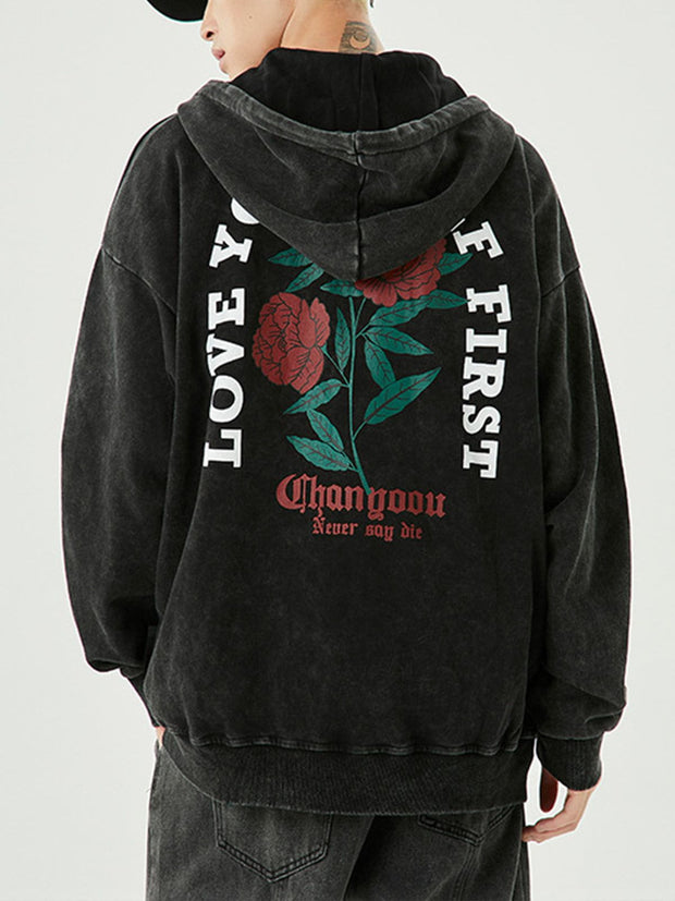 Retro Washed Rose Embroidery Hoodie Streetwear Brand Techwear Combat Tactical YUGEN THEORY