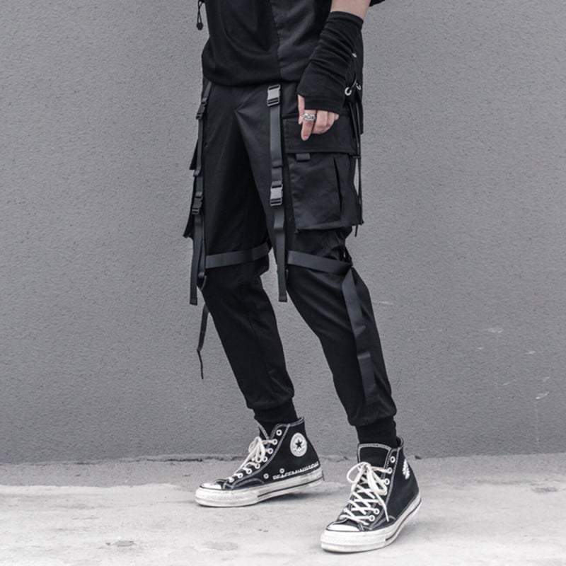 Ribbon Cargo Black Pants Streetwear Brand Techwear Combat Tactical YUGEN THEORY