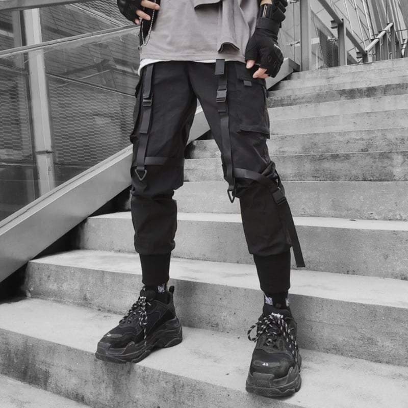Ribbon Cargo Black Pants Streetwear Brand Techwear Combat Tactical YUGEN THEORY