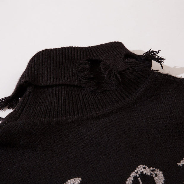 Ripped Tassel Turtleneck Knitted Sweater Streetwear Brand Techwear Combat Tactical YUGEN THEORY