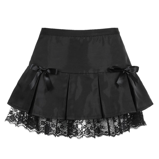 Sexy Short Bow Decorated Lace Pleated Skirt Streetwear Brand Techwear Combat Tactical YUGEN THEORY