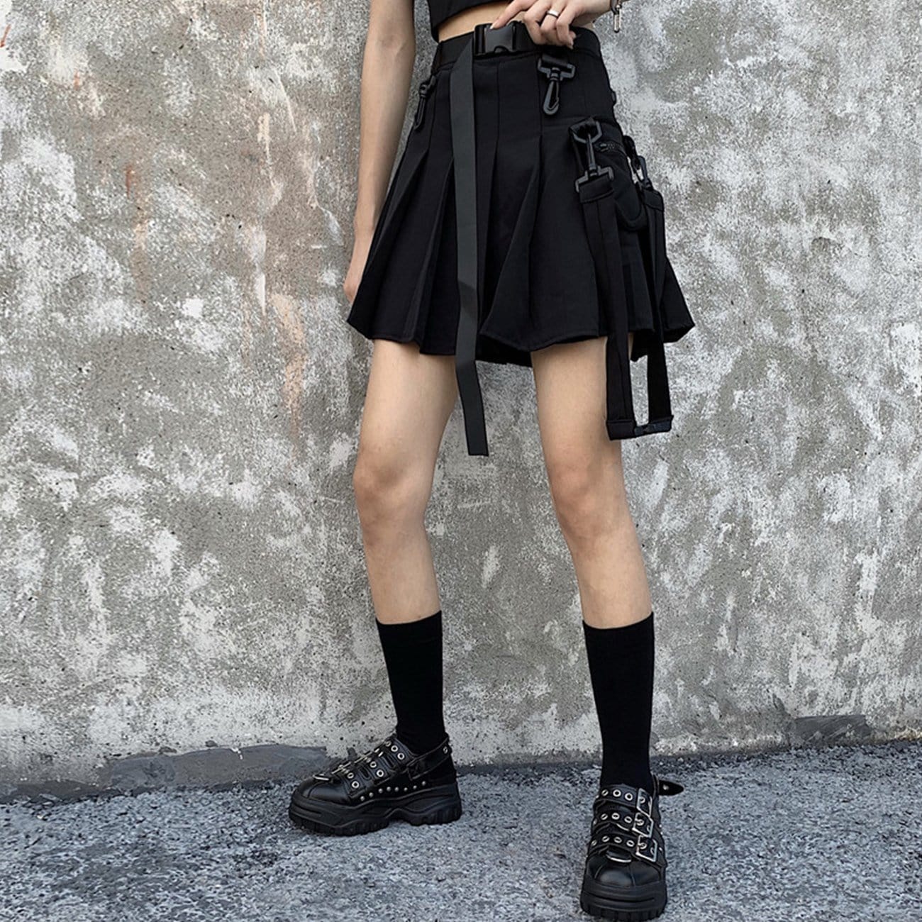 Techwear Personality Belt High Waist Pleated Skirt Streetwear Brand Techwear Combat Tactical YUGEN THEORY