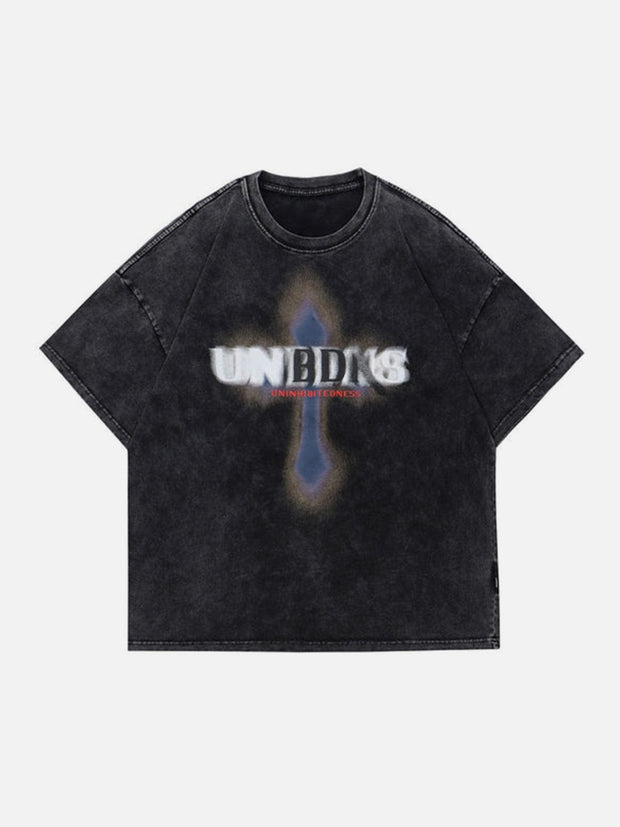 Unreal Cross Letters Washed Graphic Tee Streetwear Brand Techwear Combat Tactical YUGEN THEORY