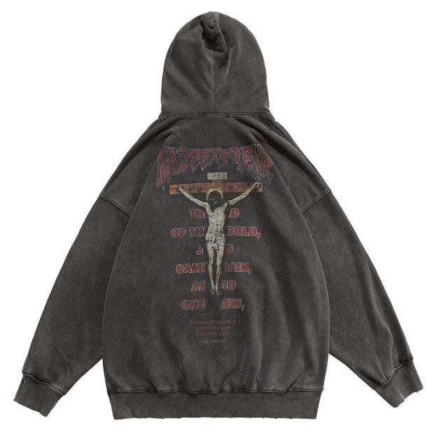 Vintage Dark Jesus Cross Print Oversized Washed Hoodie Streetwear Brand Techwear Combat Tactical YUGEN THEORY