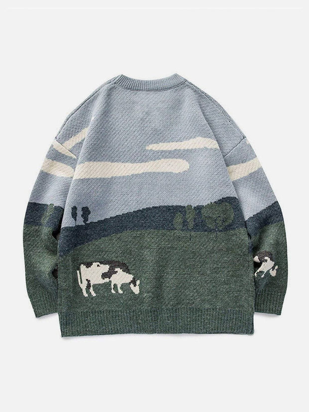 Vintage Prairie Cow Pattern Streetwear Sweater Streetwear Brand Techwear Combat Tactical YUGEN THEORY