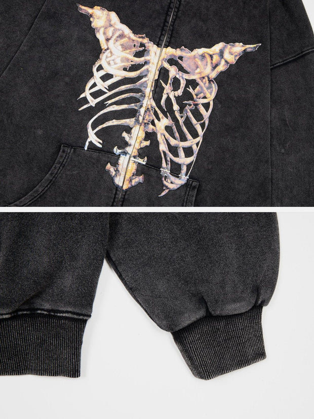 Washed Skeleton Pattern Zip Up Hoodie Streetwear Brand Techwear Combat Tactical YUGEN THEORY