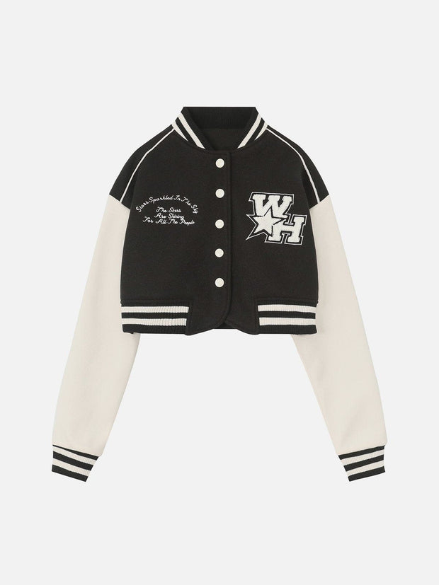 "WH" Embroidered Cropped Varsity Jacket Streetwear Brand Techwear Combat Tactical YUGEN THEORY