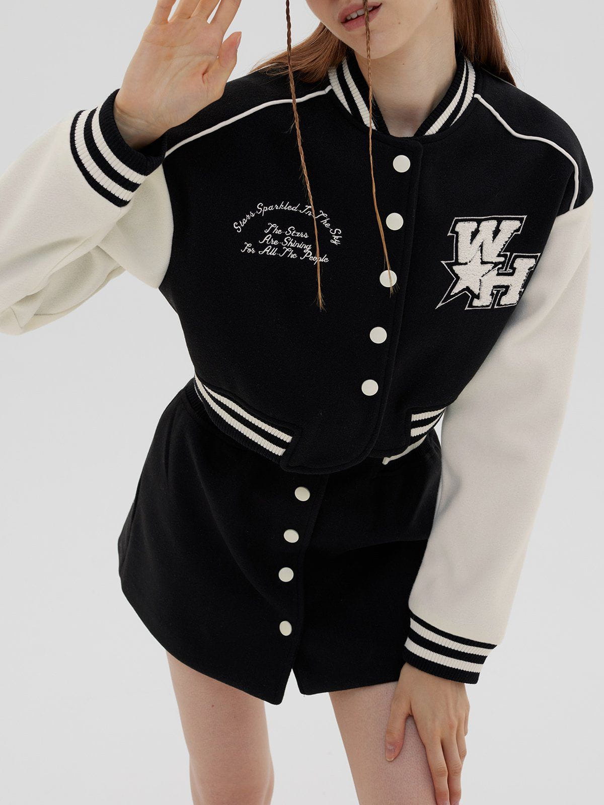 "WH" Embroidered Cropped Varsity Jacket Streetwear Brand Techwear Combat Tactical YUGEN THEORY